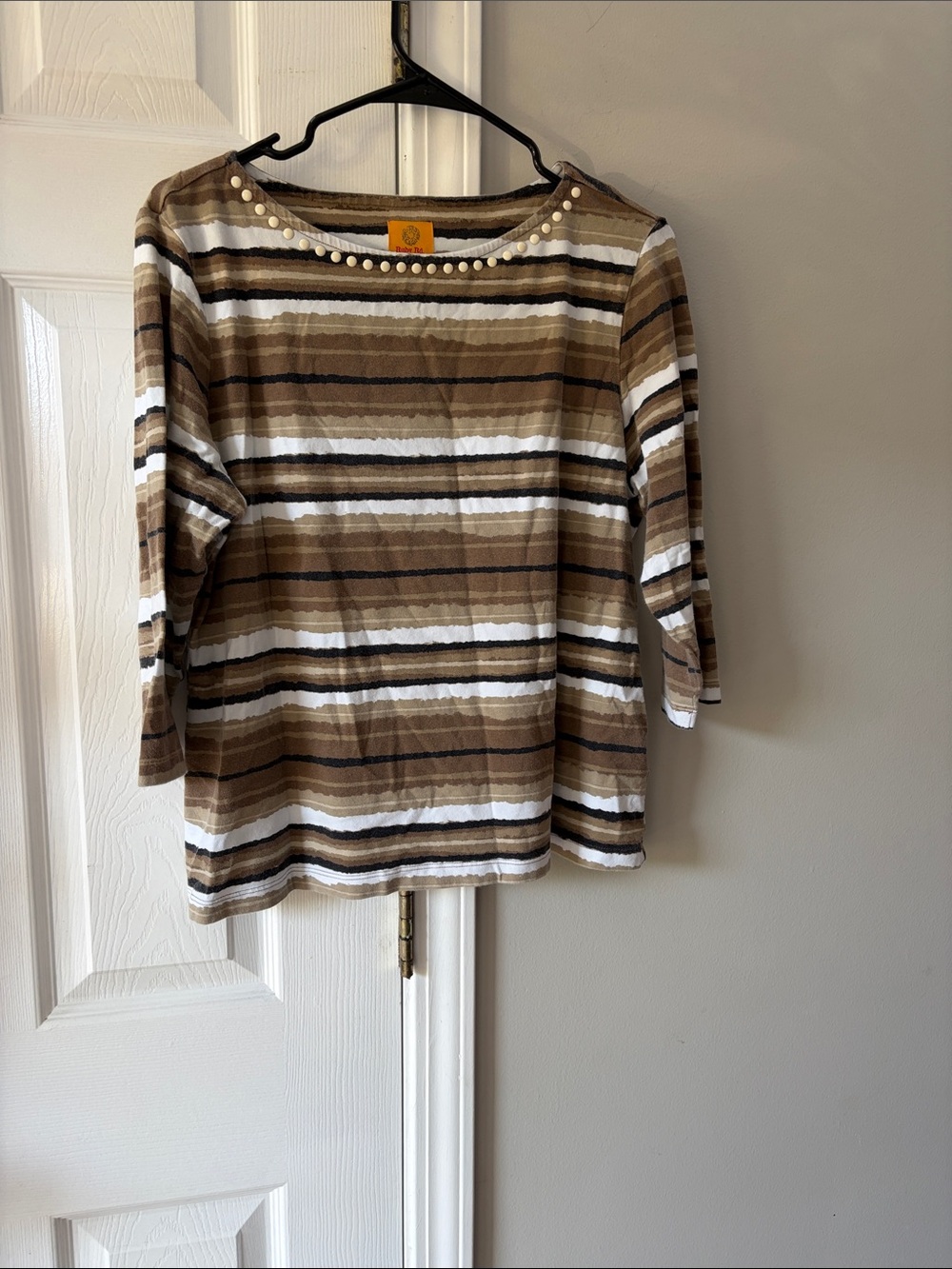 Ruby Rd. Brown, White and Black Striped Boatneck Top with Pearl Accents